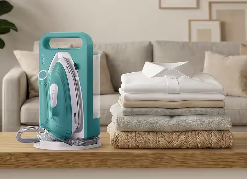 Žehliaci systém Braun Upstyle 2 IS2755.BK čierny Poskladané vyžehlené oblečenie a vedľa neho parný generátor Braun IS2735.GR Upstyle 2″ width=