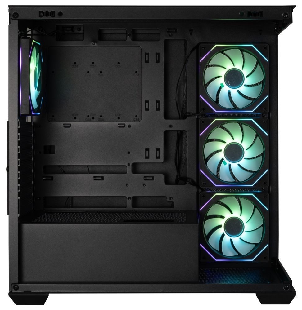 Case BitFenix CETO Cube čierna Bočný pohľad do prázdnej skrine, ilustrujúcej vnútorný priestor. Na snímke sú aj štyri predinštalované svietiace ventilátory.