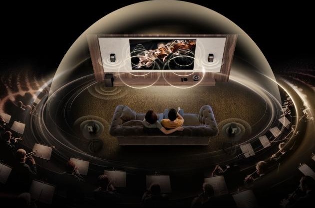 Soundbar Hisense HT Saturn čierny Pár sedí na gauči a obklopuje ich priestorový zvuk od soundbaru Hisense HT SATURN.
