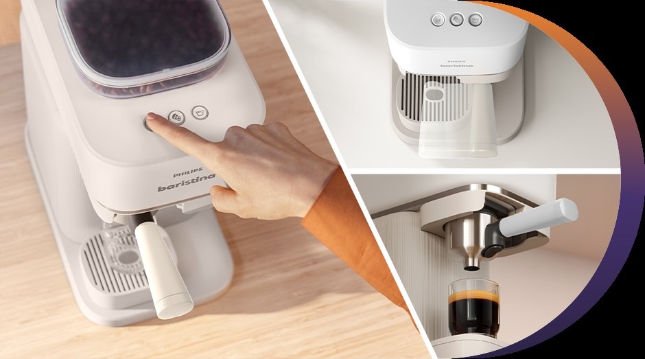 Automatický kávovar Philips Baristina BAR300/00 biely Pákový kávovar Philips BAR300/00 Baristina a ovládanie pákou a detailný pohľad na kávovar