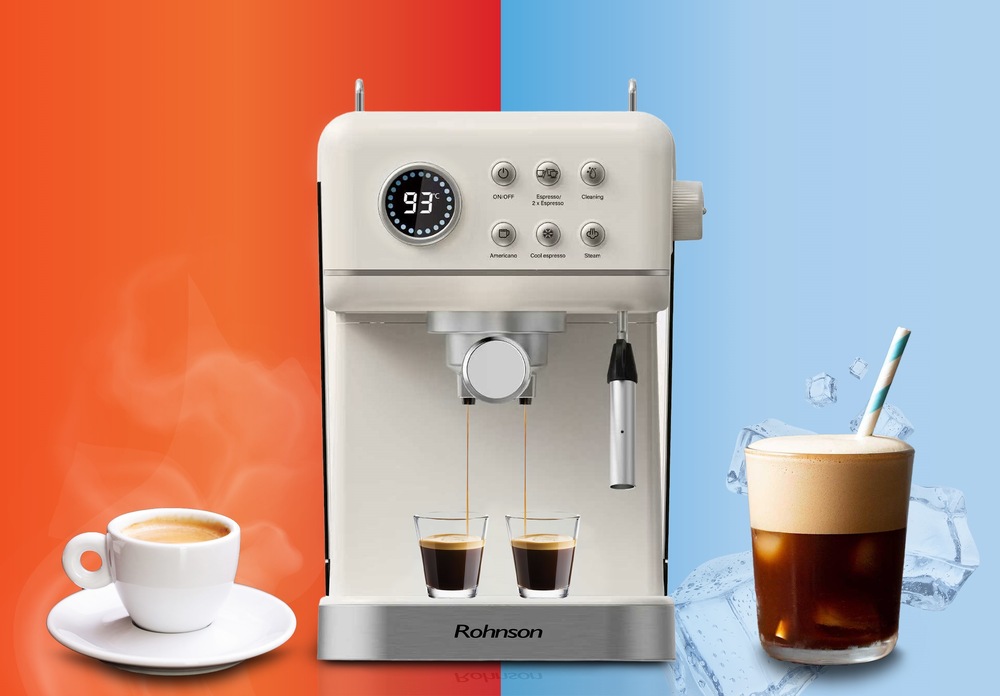 Pákový kávovar Rohnson R-98036 Hot & Cold krémový Na jednej strane vedľa kávovaru je pripravené horúce espresso, na druhej strane sa nachádza studená káva. Kávovar Rohnson R-98036 Hot & Cold totiž umožňuje prípravu horúcej aj ľadovej kávy.