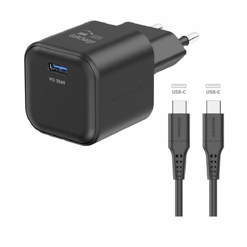 Nabíjačka do siete Swissten GAN 1x USB-C 35W PD + Dátový kábel USB-C/USB-C 1,2 M čierna