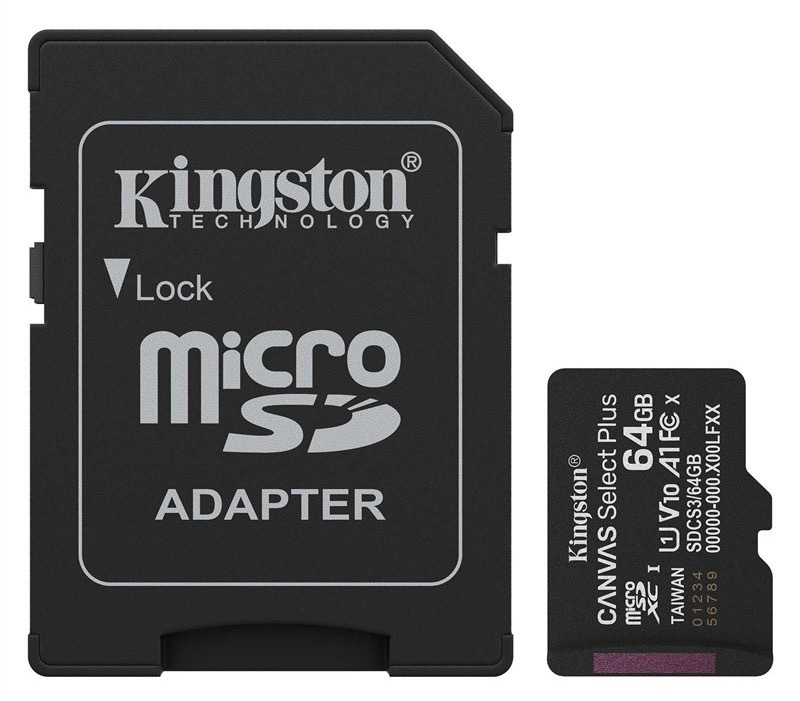 Pamäťová karta Kingston Canvas Select Plus MicroSDXC 64GB UHS-I U1 (R100)/W30 + adaptér čierna