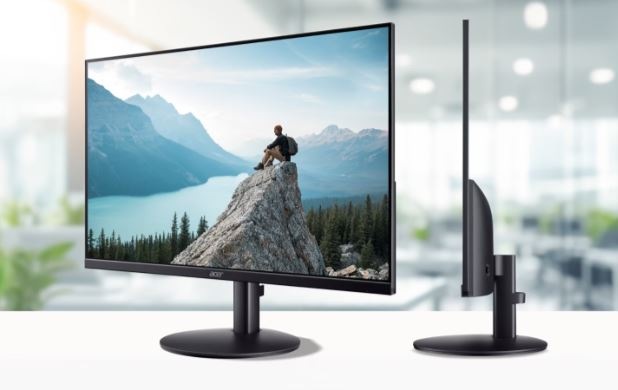 Monitor Acer SA243YGObi čierny Tenký monitor Acer zboku a spredu s obrazom muža sediaceho na skale