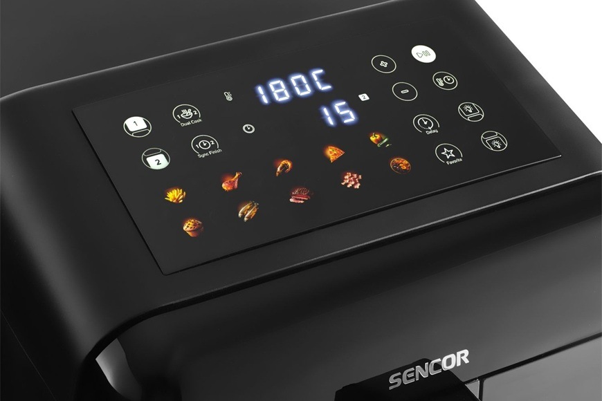 Fritéza teplovzdušná Sencor SFR 1250BK čierna Detail dotykového displeja teplovzdušnej fritézy Sencor SFR 1250BK s nastavenou teplotou 180 ° C a časom 15 minút. Prehľadné ikony automatických programov umožňujú jednoduchú voľbu prípravy rôznych pokrmov jedným dotykom.