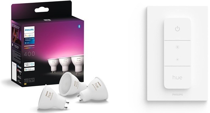 Súprava Philips Hue GU10 White and Color Ambiance 3 ks + bezdrôtový stmievač Dimmer Switch.