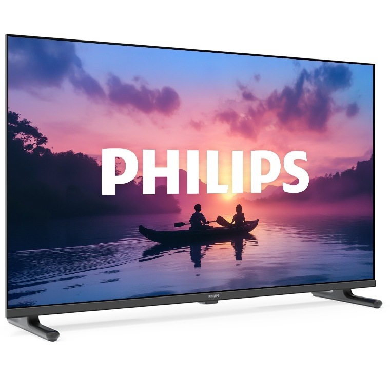 Televízor Philips 32PHS6050 Televízia Philips PHS6050 natočená mierne doprava, na obrazovke je logo Philips a na pozadí je záber siluet dvoch ľudí na loďke na vode pri západe slnka