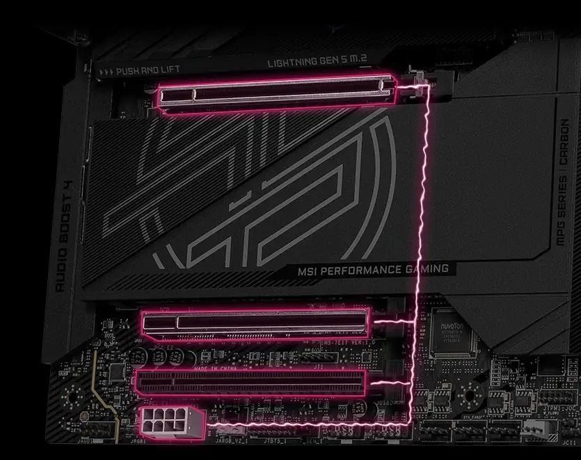 Základná doska MSI MPG Z890 CARBON WIFI Detailný záber na čiernu hernú základnú dosku MSI s ružovými LED osvetlenými slotmi a akcentmi, zdôrazňujúci elegantný dizajn a hi-tech funkčnosť.