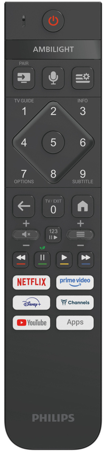 Detail diaľkového ovládača televízie Philips s tlačidlami pre Netflix, Disney+ a Prime Video.