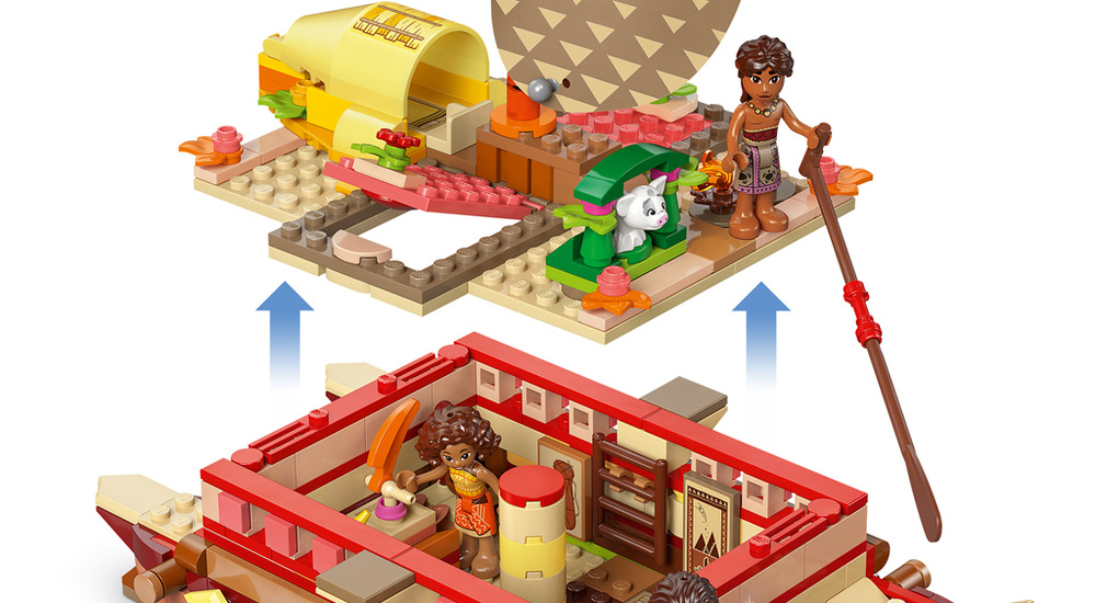 Stavebnica LEGO® │ Disney 43270 Vaiana a dobrodružstvo na kanoe Dvojité kanoe ukrýva pod odnímateľnou palubou priestor pre posádku a nabáda k plánovaniu plavieb.