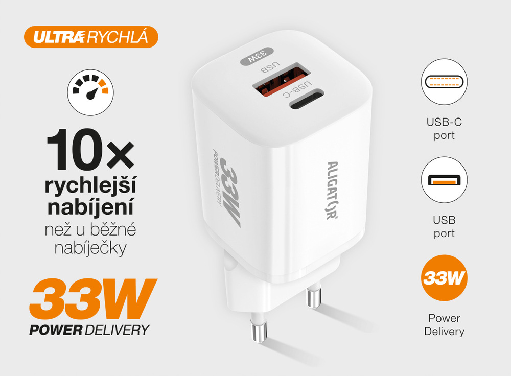 Nabíjačka do siete Aligator Power Delivery 33W, USB-C + USB-A biela Nabíjačka do siete Aligator Power Delivery 33W, USB-C + USB-A biela
