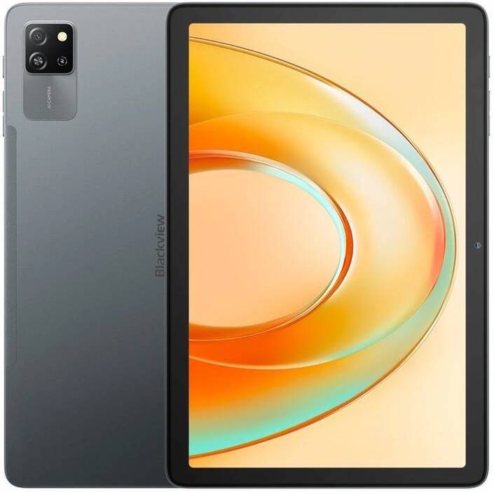 Predný a zadný pohľad na tablet Blackview Tab 60 Pro LTE v šedej farbe, zobrazujúci displej aj zadný fotoaparát