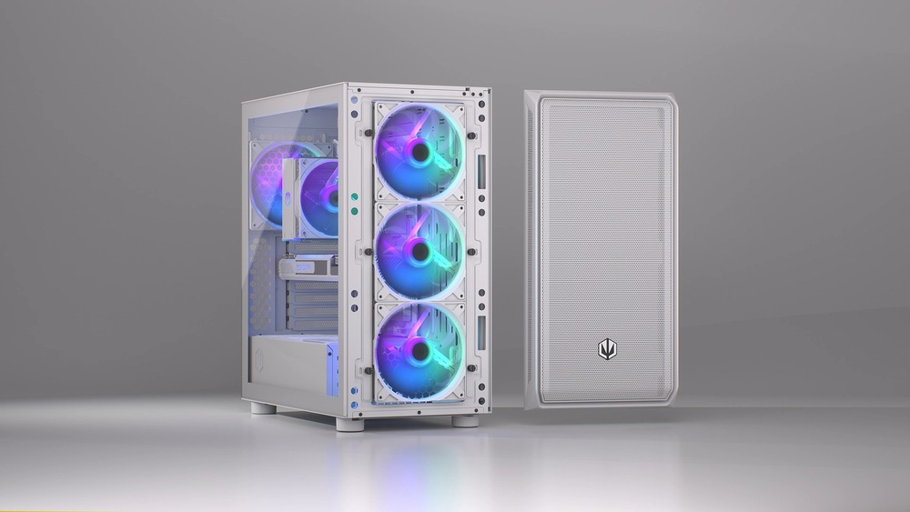 Biela počítačová skriňa so sňatým bočným panelom, ktorý odhaľuje tri svietiace RGB ventilátory. Ventilátory vyžarujú žiarivé modré, fialové a zelené svetlo v elegantnom, modernom dizajne.