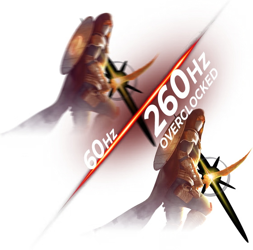 Herný monitor AOC C27G42ZE čierny Porovnanie plynulosti obrazu pri 60 Hz pri bežnej obrazovke a 260 Hz monitore AOC C27G42ZE ukazuje ostrejší pohyb a menšie rozmazanie v hrách