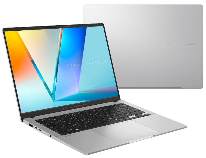 Notebook Asus Vivobook S14 strieborný Otvorený a zatvorený strieborný notebook ASUS Vivobook S14 s hliníkovým šasi