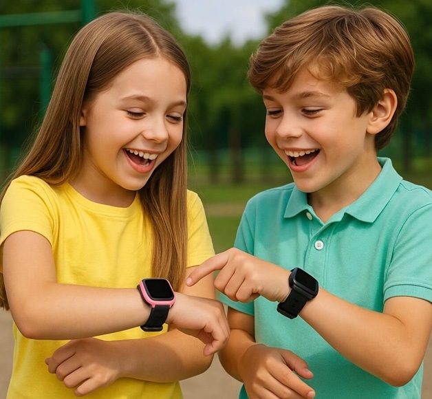 Inteligentné hodinky Carneo GuardKid+ 4G ULTRA 2nd gen. čierne Deti hrajúce sa s hodinkami.