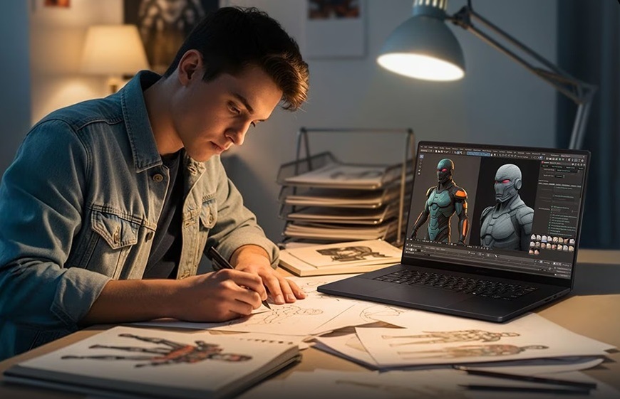 Notebook Asus ProArt P16 čierny Muž pri notebooku počas kreatívnej tvorby.