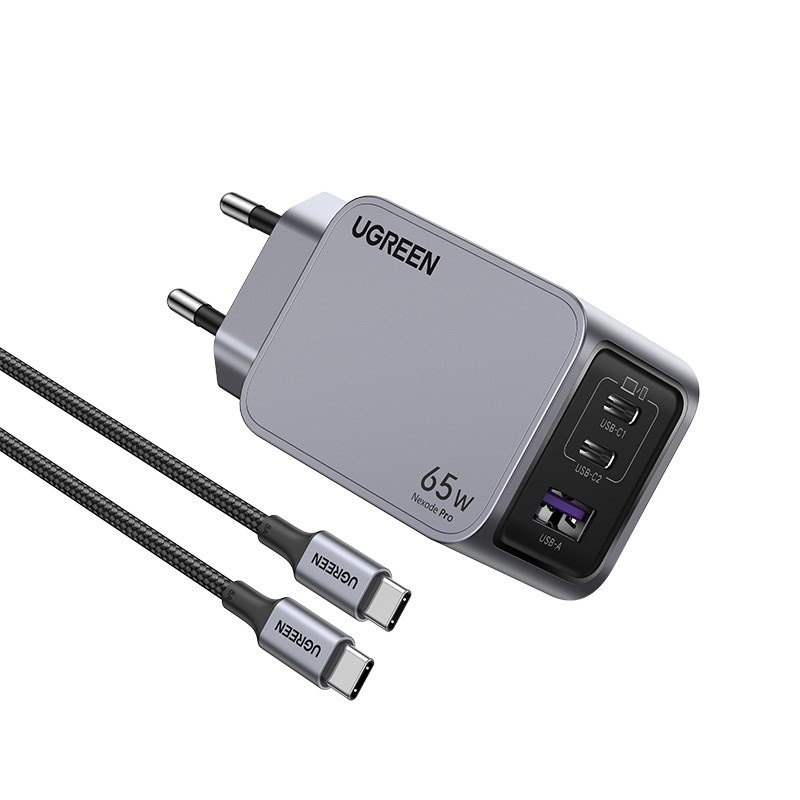Nabíjačka do siete UGREEN Nexode Pro 65W GaN, 2x USB-C, 1xUSB-A strieborná