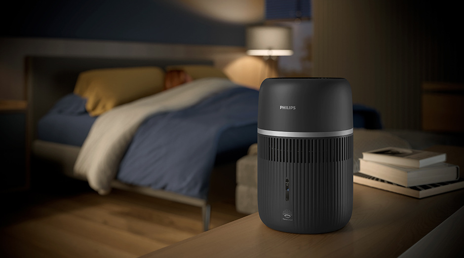Zvlhčovač vzduchu Philips 4000 Series HU4210/03 sivý Moderná spálňa so zvlhčovačom vzduchu Philips HU4210/03 4000 Series v režime spánku.