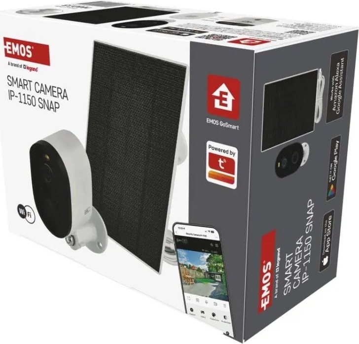 IP kamera EMOS GOSMART venkovní, Wi-Fi IP-1150 SNAP 5MPX biela Produktové balenie kamery EMOS Smart Camera IP-1150 SNAP. Na krabici je vyobrazená biela kamera so solárnym panelom, ukážka mobilnej aplikácie a logá EMOS GoSmart, Tuya, Google Play a App Store.