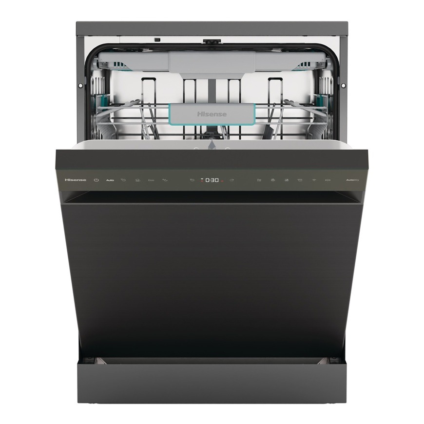 Predný pohľad na voľne stojacu umývačku Hisense HS673A90BX v čiernom prevedení.
