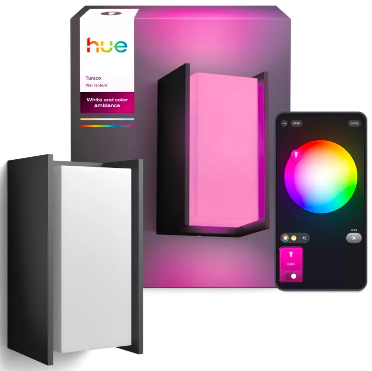 Svietidlo vonkajšie Philips Turaco Hue wall A60 WCA hliník/antracitová farba Svietidlo Philips Turaco Hue s balením a ukážkou voľby farieb v aplikácii Hue