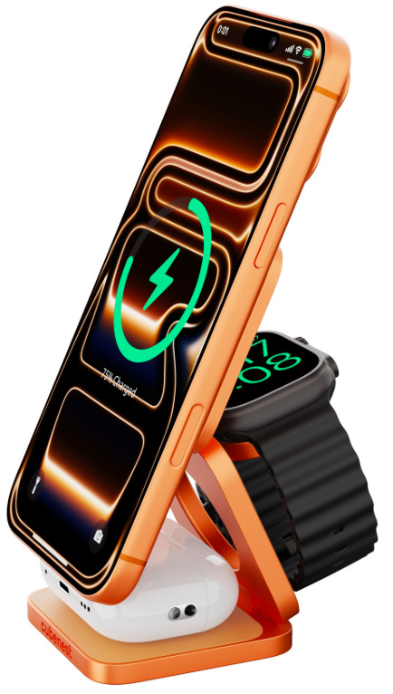 Bezdrôtová nabíjačka Cubenest SQ312 Ultra Qi2.2 3v1 s MagSafe oranžová Bezdrôtová nabíjačka Cubenest SQ312 Ultra nabíja súčasne iPhone, Apple Watch a AirPods