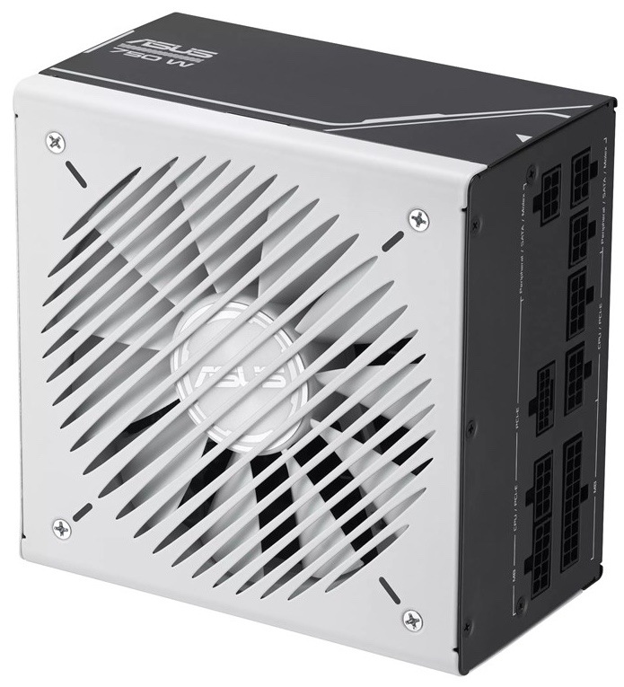Zdroj postavený na výšku. Predná strana s mriežkou a za ňou je viditeľný ventilátor, na boku sú porty na pripojenie napájania procesora, diskov.