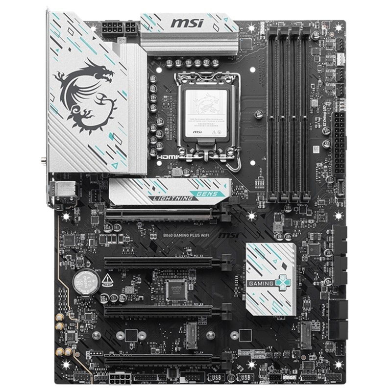 Základná doska MSI B860 GAMING PLUS WIFI Základná doska MSI B860 GAMING PLUS WIFI v čiernej a striebornej farbe.
