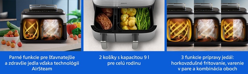 Fritéza teplovzdušná Philips Airfryer Dual Basket 5000 series 9 l, NA555/00 strieborná Koláž funkcií pri teplovzdušnej fritéze Philips NA555/00 zobrazujúca parnú technológiu AirSteam pre šťavnatejšiu prípravu jedál, dva samostatné koše s celkovou kapacitou 9 litrov a tri režimy varenia – teplovzdušné fritovanie, varenie v pare a ich kombináciu.