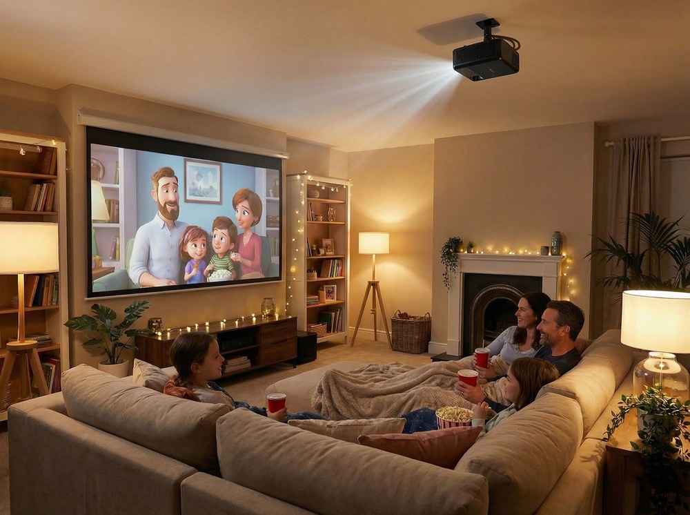 Projektor Optoma HZ147X čierny Rodina sa baví pri detskom filme z projektora Optoma HZ147X s flexibilnou konektivitou