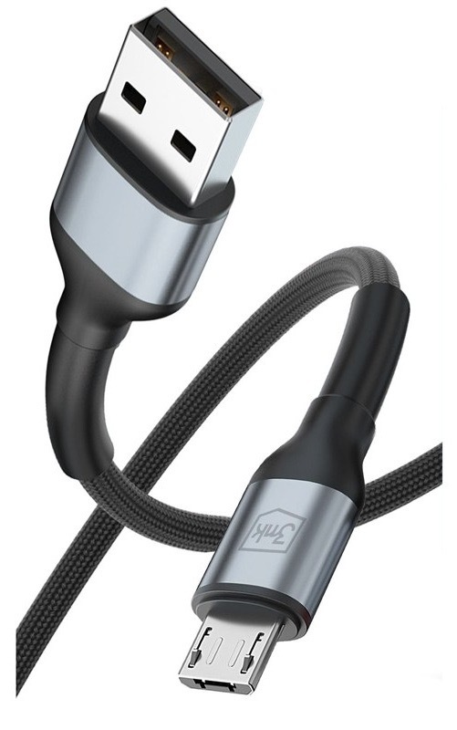 Nabíjací kábel 3mk s konektormi USB-A a micro USB, čierna farba