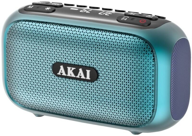 Prenosný Bluetooth reproduktor AKAI v tyrkysovej farbe s mriežkou a logom.