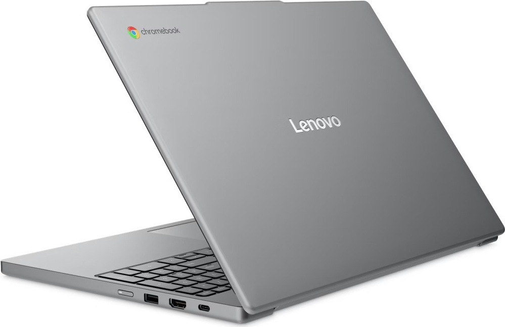 Lenovo Chromebook zozadu so šedým vekom a viditeľnými bočnými konektormi