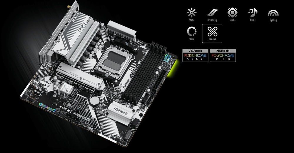 Detailný obrázok základnej dosky ASRock so striebornými chladičmi, čiernymi slotmi pre pamäte RAM a možnosťami RGB osvetlenia na čiernom pozadí.