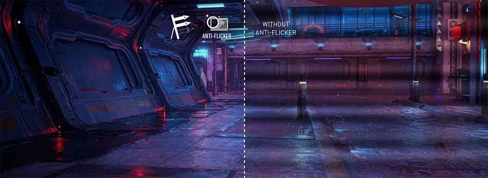 Rozdelený obraz futuristickej chodby: ľavá strana zobrazuje jasné, živé detaily označené ako „Anti-Flicker“, pravá strana pôsobí matne a menej definovane.