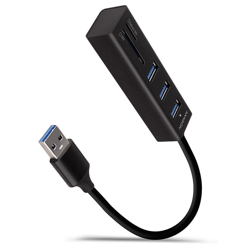 USB Hub Axagon USB 3.2 Gen 1 húb, 3x USB-A + čítačka kariet SD/microSD, kábel USB-A 20cm čierny