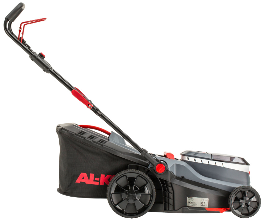 Kosačka AL-KO Comfort 38.6 Li 18V (s baterií) Bočný pohľad na kosačku AL-KO Comfort 38.6 Li 18V s veľkými kolesami a zberným košom