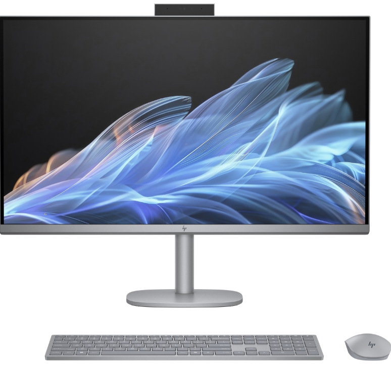 PC all in-one HP OmniStudio X 32-c0011nc strieborný Čelný pohľad na HP OmniStudio X 32-c0011nc s USB klávesnicou a myšou HP 710″ width=