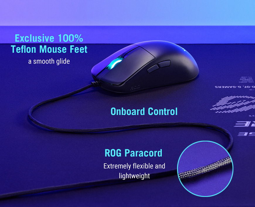 Myš Asus ROG Harpe Mini Core čierna Asus ROG Harpe Mini Core s PTFE klzákmi a ľahkým flexibilným káblom ROG Paracord