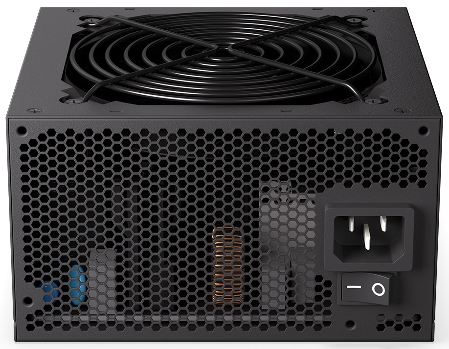 Zdroj ENDORFY Supremo FM5 Gold 650W Zdroj, ležiaci na širšej spodnej strane. Vidíme iba zadnú mriežku s otvormi pre vetranie a zdierku napájania a vypínač.