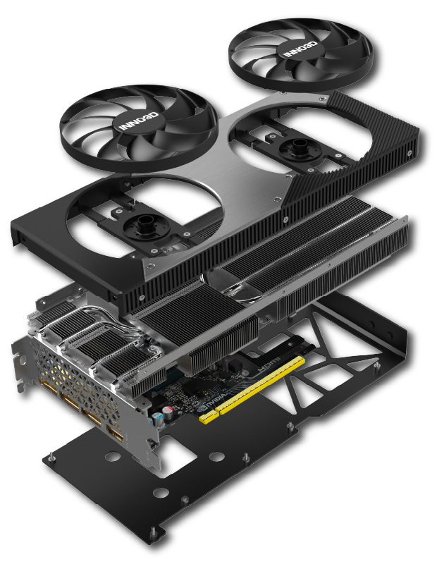 Pohľad na konštrukciu chladenia INNO3D RTX 5060 Ti Twin X2 s dvoma ventilátormi