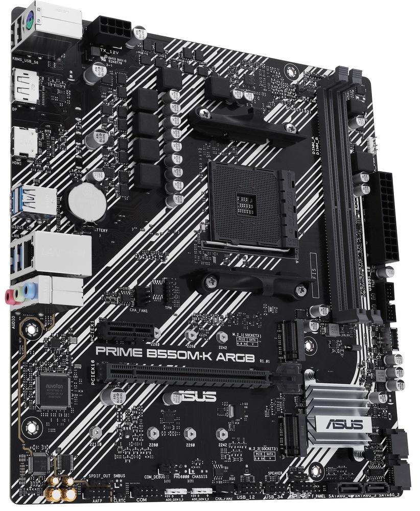 Základná doska Asus PRIME B550M-K ARGB Snímka dosky zhora zachytáva všetky komponenty dosky bez procesora, grafickej karty a pamätí. Čiastočne sú zachytené porty na pripojenie externých zariadení.