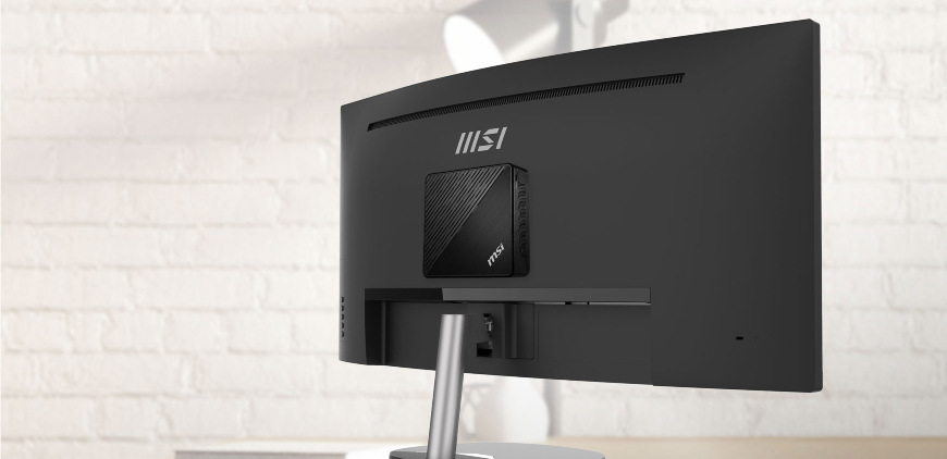 Monitor MSI PRO MP341CQ E12 čierny Zadná strana obrazovky MSI PRO MP341CQ E12 s pripevneným Mini PC