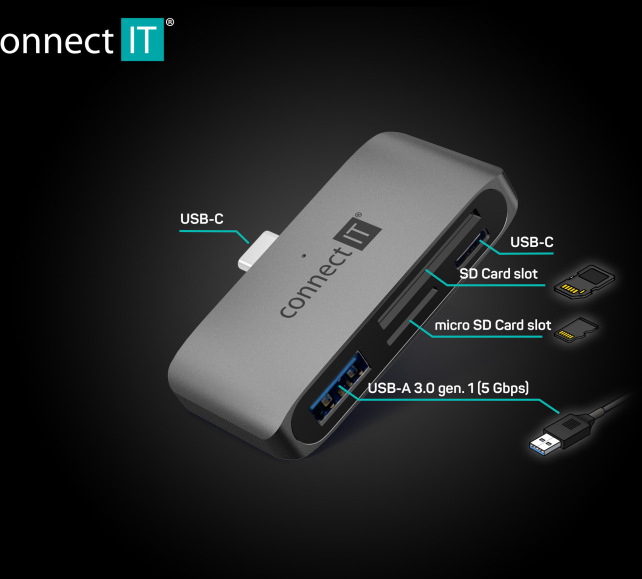 Čítačka pamäťových kariet Connect IT CompactPRO + USB hub antracitová farba Connect IT CompactPRO + USB hub vyniká aj univerzálnou kompatibilitou