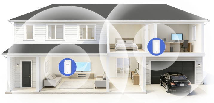 Dve jednotky Mercusys Halo E27BE zaisťujúce Mesh Wi-Fi pripojenie v poschodovom dome