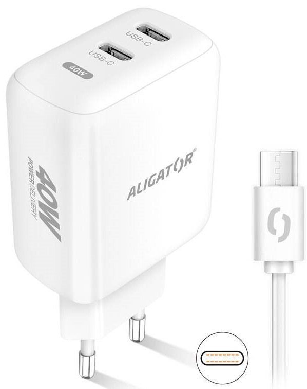 Nabíjačka do siete Aligator Power Delivery 40W, 2x USB-C + USB-C kábel biela
