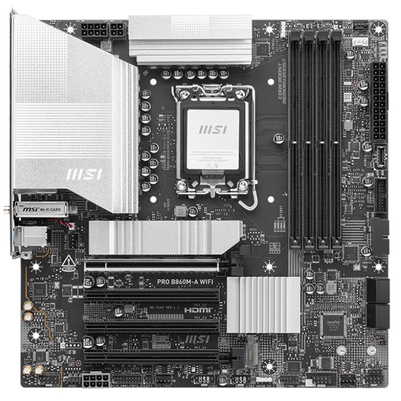 Základná doska MSI PRO B860M-A WIFI Základná doska MSI PRO B860M-A WIFI Intel 1851 v čiernej a striebornej farbe.