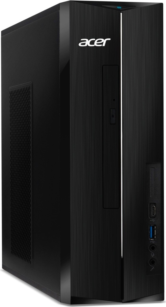 Stolný počítač Acer Aspire XC-1715 čierny Na obrázku je stolný počítač Acer Aspire XC-1715 v čiernom prevedení z predného šikmého pohľadu. Má úzku zvislú skriňu, jemne rebrovaný čelný panel a biele logo Acer. Na prednej strane je optická mechanika, tlačidlo napájania, port USB-C, port USB-A a dva audio konektory. Ľavý bočný panel je opatrený veľkou vetracou mriežkou.