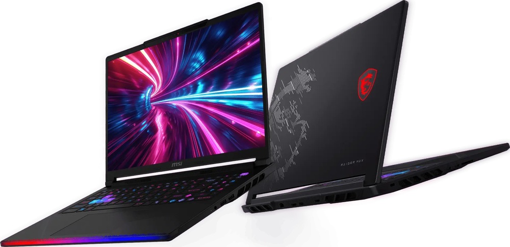 Notebook MSI Raider 16 Max HX B2WH-244CZ čierny Herný notebook MSI Raider 16 Max HX B2W z predného a zadného uhla s otvoreným vekom a kombinovaným výkonom až 300 W